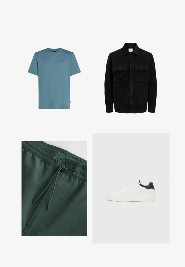 Černá kordurová košile s knoflíky, dvěma předními klopovými kapsami a klasickým límcem, dlouhými rukávy a vroubkovanou texturou.; Světle modré bavlněné tričko s kulatým výstřihem, krátkými rukávy a malým logem potisknutým tmavší barvou na hrudi.; Tmavě zelené sportovní šortky s elastickým pasem a šňůrkou, hladká textura a viditelné švy. Jednoduchý, funkční design.; Bílé kožené tenisky s vyraženým vzorem, strukturovanou bílou mezipodešví a černým akcentem na patě. Mají zaoblenou špičku a ploché šňůrky.