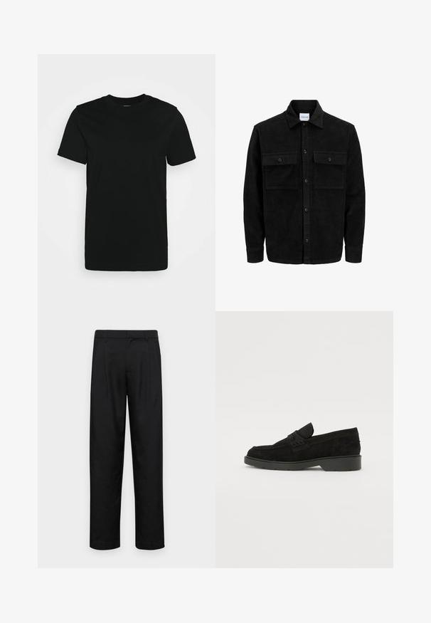 Jachetă din catifea neagră, cu butoni, două buzunare frontale cu clapetă și un guler clasic, mâneci lungi și textură ribbed.; Tricou negru cu mânecă scurtă, confecționat dintr-un material de bumbac fin, având un guler rotund și un design simplu, fără modele sau accente.; Pantaloni negri dintr-un material neted, cu un design drept, două pliuri frontale și un tiv standard cu bucle pentru curea.; Mocasiini din suede negru cu tocul jos, având o bandă simplă pe partea superioară și detalii texturate pe laturi.