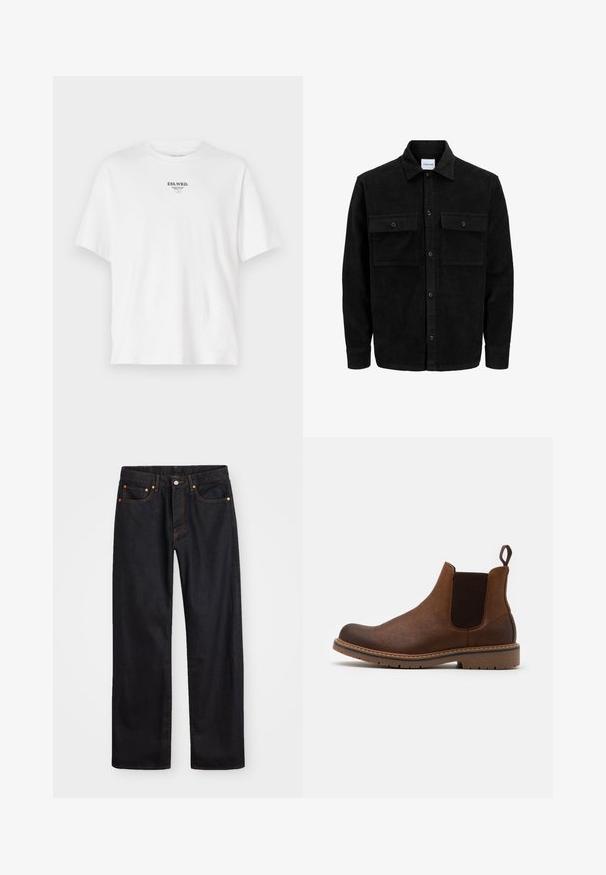 Czarna kurtka z korduru z guzikami, z dwoma przednimi kieszeniami na klapki oraz klasycznym kołnierzem, długimi rękawami i ryżowym splotem.; Biała bawełniana koszulka z okrągłym dekoltem, krótkimi rękawami i nadrukowanym logo "ESS.WRD." na piersi, minimalistyczny design.; Męskie jeansy w prostym kroju, czarne, z pięcioma kieszeniami oraz pomarańczowymi strefami, z zapięciem na guzik i zamek z przodu w pasie.; Pier One Botki