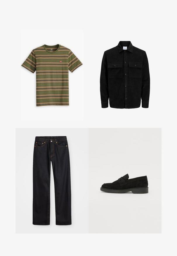 Mustmustöös nupuga jope, millel on kaks eesmist klapiga taskut ja klassikaline kaelus, pikad varrukad ning ribakujuline tekstuur.; Roheline triibuline T-särk horisontaalsete beežide ja lillade joontega. Omab ümmargust kaelust ja väikest punast Levi'si logo rinna piirkonnas.; Meeste sirge jala mustad denim teksad viie taskuga, oranž õmblus, nupu ja tõmblukuga ees nagu vöökoht.; Mustad sametist loafers madala kontsaga, millel on lihtne riba ülaservas ja tekstuuritud detailid külgedel.