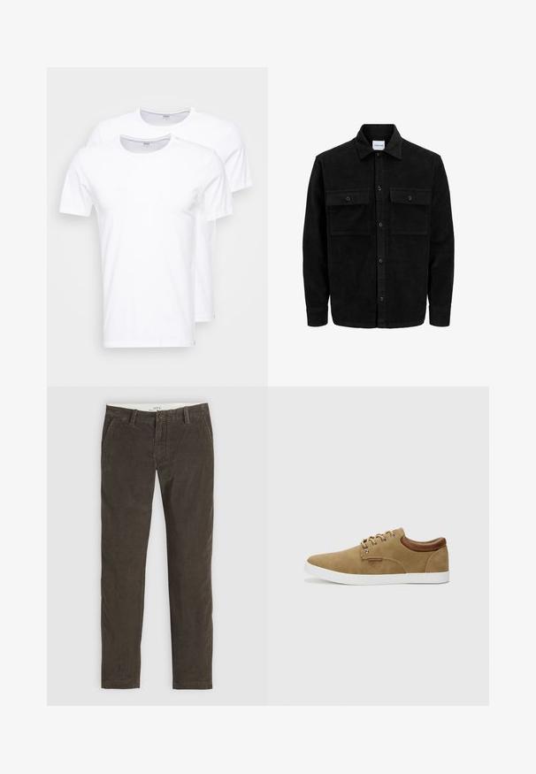 Juodas velveto mygtukų švarkas su dviem priekiniais kišenėmis su atvartais, klasikiniu apykakle, ilgomis rankovėmis ir raukšlėtu paviršiumi.; Balti baltos medvilniniai marškiniai, supakuoti po du. Apskritas iškirpimas, trumpomis rankovėmis ir lygi tekstūra. Nėra jokių raštų ar grafikos.; Rudos aksomo kelnės su tiesiais džinsais, su mygtukų uždarymu, šoninėmis kišenėmis ir subtilia tekstūra.; Tan odiniai sportbačiai su balta guma, rudi odos akcentai ant kulno ir sidabriniai akių iki raištelių. Paprastas, suapvalintas dizainas.