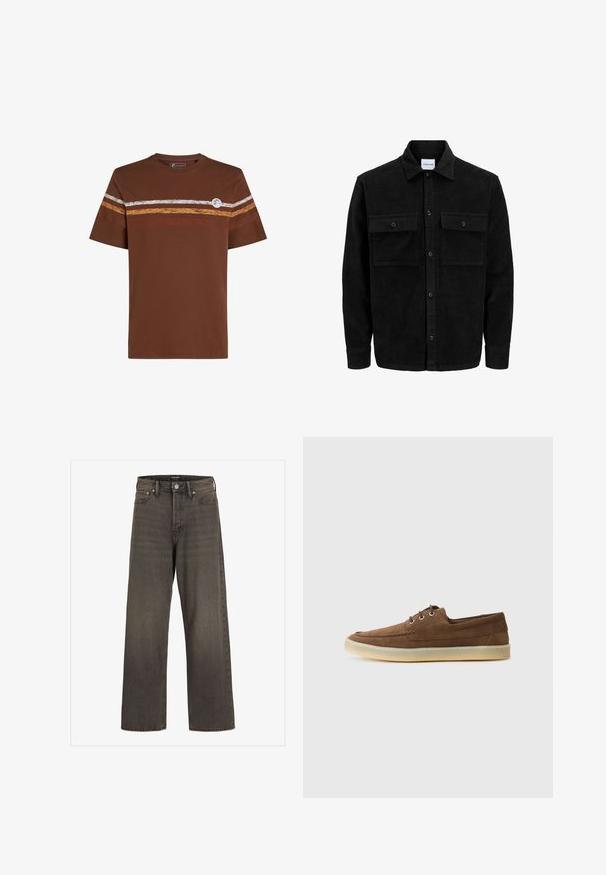 Schwarze Corduroy-Button-Up-Jacke mit zwei frontalem Klappentaschen und klassischem Kragen, langen Ärmeln und gerippter Textur.; Braunes Kurzarm-T-Shirt mit horizontalen Streifen in Weiß, Orange und Braun. Mit einem kreisförmigen Logo auf der linken Seite.; Weite Jeans aus dunkelgrauem Denim mit hoher Taille, klassischem Fünf-Taschen-Design und kontrastierendem Stepp entlang der Nähte.; Braune Wildlederschuhe mit niedriger Profilhöhe, Schnürdesign, Gummisohle und kontrastierenden Nähdetails. Schlichtes und funktionales Design.