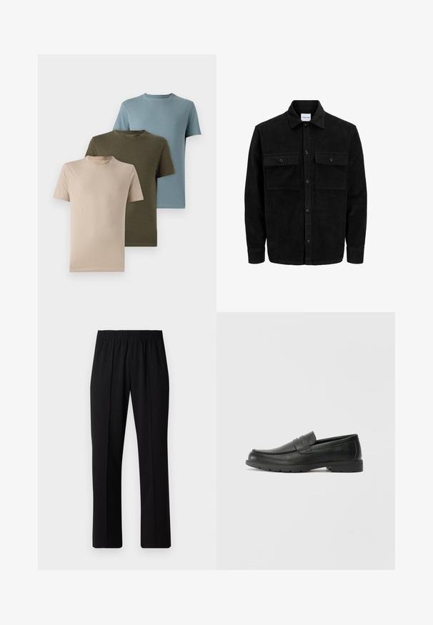 Mustmustöös nupuga jope, millel on kaks eesmist klapiga taskut ja klassikaline kaelus, pikad varrukad ning ribakujuline tekstuur.; Kolm lühikese varrukaga t-särki beeži, oliivrohelise ja helesinise värviga, pehmest kangast, ringkaeluse ja lihtsa disainiga.; Mustad, elastse puusärgid sirge säärega, mis on sileda tekstuuriga ja ilma nähtavate mustrite või riistadega.; Musthave nahkkingad siledast nahast, mokassiini stiilis ülevalt, tikanditega ja kummist tallaga. Klassikaline disain madala kontsaga.