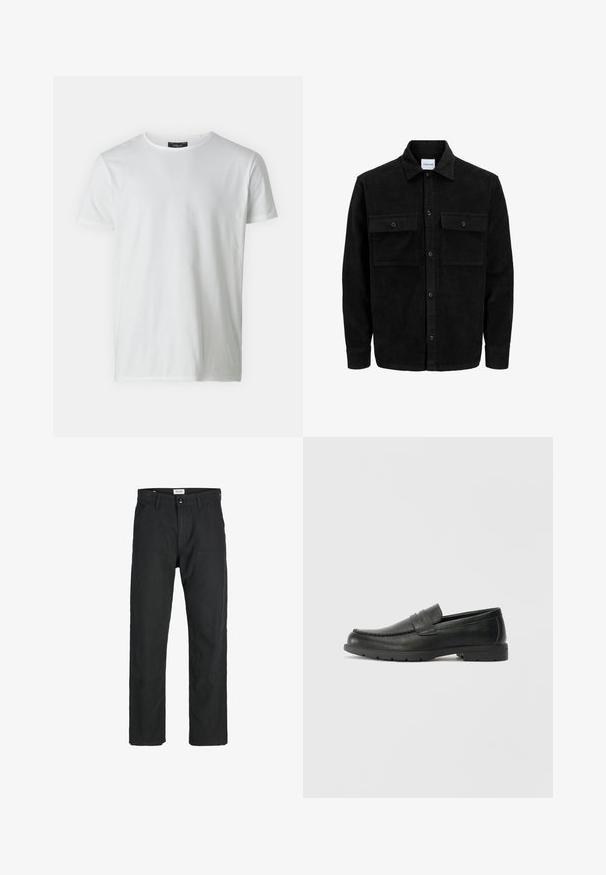 Jachetă din catifea neagră, cu butoni, două buzunare frontale cu clapetă și un guler clasic, mâneci lungi și textură ribbed.; Tricou alb cu mânecă scurtă și guler rotund, fabricat din bumbac, cu o textură netedă. Are eticheta la guler. Design simplu și uniform.; Pantaloni negri dintr-un material durabil, cu un design cu picior drept, accente cusute și două buzunare frontale pentru funcționalitate.; Labeled cu oglindă din piele neagră cu un finisaj neted, partea superioară în stil mocasin, detalii cusute și o talpă din cauciuc. Design clasic cu un toc jos.