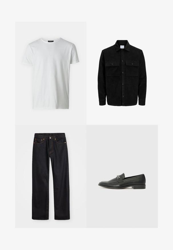 Melnas kordūru pogu jaka ar divām priekšējām atloka kabatām un klasisku apkakli, garām piedurknēm un ribotu tekstūru.; Balts īsām piedurknēm T-krekls ar apaļu kakla izgriezumu, izgatavots no kokvilnas ar gludu tekstūru. Tam ir birka pie kakla. Vienkāršs, neizšķirts dizains.; Vīriešu taisno kāju melnie džinsi ar piecām kabatām un oranžu izšuvumu, ar pogu un zipa aizdari priekšējā jostas daļā.; Melna ādas loafer izmēra apavi ar gludu virsmu, piedāvā ar šūtu dizainu un dekoratīvu metāla ķēdes akcentu pār vampu. Plakana papēža daļa.