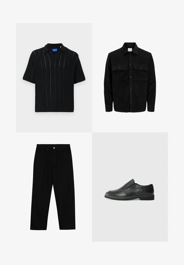 Schwarze Corduroy-Button-Up-Jacke mit zwei frontalem Klappentaschen und klassischem Kragen, langen Ärmeln und gerippter Textur.; Schwarzes gestricktes Poloshirt mit kurzen Ärmeln, V-Ausschnitt, durchbrochenem Muster und gerippten Bündchen. Etikett im Kragen sichtbar.; Schwarze Jeans mit geradem Schnitt, Fünf-Taschen-Design und einem vorderen Knopfverschluss. Glatte Textur mit minimalen Nähten.; Schwarze Leder-Slipper mit glattem Obermaterial, gesteppten Akzenten, runder Zehenpartie und niedrigem Gummiabsatz. Die Sohle hat ein minimales Profil.