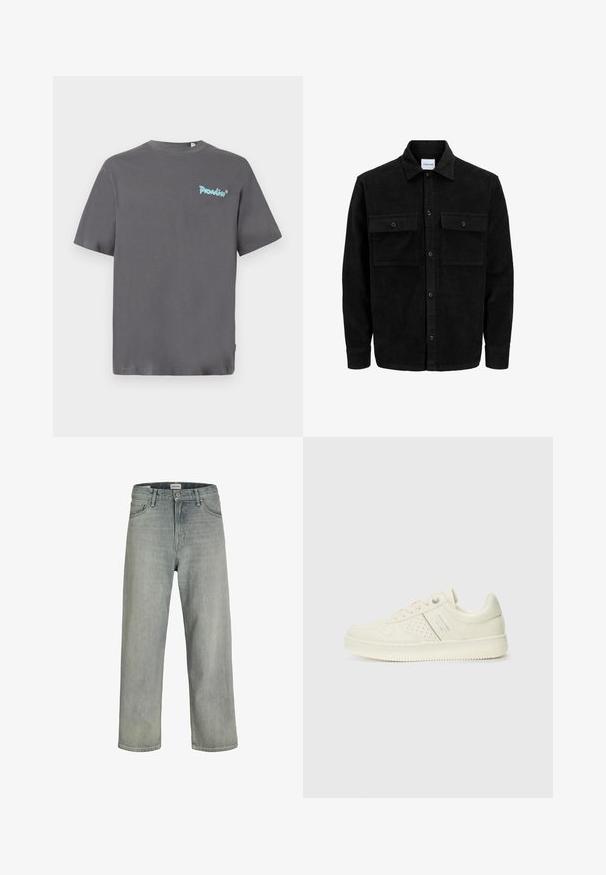 Black corduroy button-up jacket with two front flap pockets and a classic collar, long sleeves, and ribbed texture.; Gray short-sleeve t-shirt made of cotton. Features a light blue "Paradise" logo printed on the left chest. Classic crew neckline.; Light gray, loose-fitting jeans made of denim. Features a classic five-pocket design, belt loops, and a straight leg silhouette.; Cream-colored sneaker with perforated detailing, laces, and logo on the side, displayed against a plain white background.