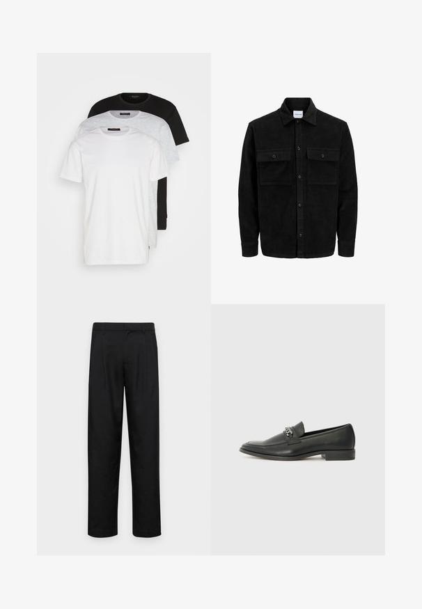 Schwarze Corduroy-Button-Up-Jacke mit zwei frontalem Klappentaschen und klassischem Kragen, langen Ärmeln und gerippter Textur.; Drei Rundhals-T-Shirts in Weiß, Hellgrau und Schwarz. Hergestellt aus weicher Baumwolle, mit kurzen Ärmeln und einem lässigen Schnitt.; Schwarze Hose aus glattem Stoff, mit geradem Bein Design, zwei vorderen Falten und einem Standardbund mit Gürtelschlaufen.; Schwarzer Lederloafer mit glatter Oberfläche, ausgestattet mit einer gesteppten Gestaltung und einem dekorativen Metallkettendetail über dem Vorderblatt. Flacher Absatz.