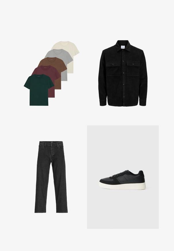 Sort fløjl button-up jakke med to frontlommer og klassisk krave, lange ærmer og ribbet tekstur.; Fem crew neck t-shirts i forskellige farver: mørkegrøn, burgunder, brun, lys grå og creme; alle har korte ærmer og en glat tekstur.; Sorte denim jeans med lige ben-design, som har lynlås, bæltestropper og seks lommer, lavet af et robust bomuldsblandingsstof.; Sort lavt-top sneakers med tekstureret læder og ruskindspaneler, hvidgummi sål og sorte snørebånd på en ensfarvet lys baggrund.