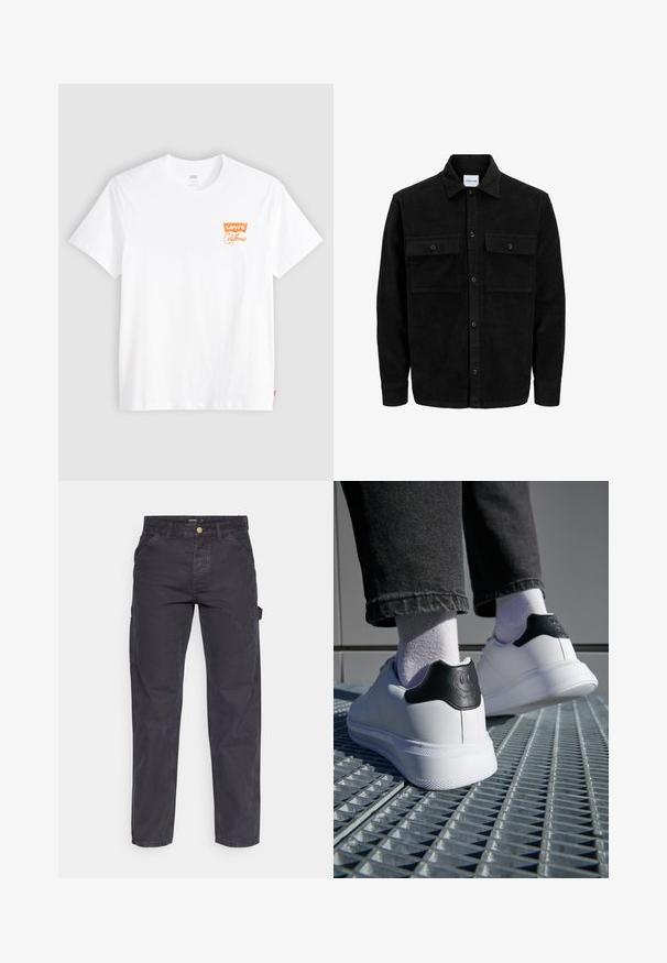 Mustmustöös nupuga jope, millel on kaks eesmist klapiga taskut ja klassikaline kaelus, pikad varrukad ning ribakujuline tekstuur.; Valge puuvillane t-särk lühikeste varrukatega ja ümar kaelus. Vasakul rinnal on oranž Levi's California logo.; Tumehallid cargo-püksid, mis on valmistatud vastupidavast kangast, sirge lõikega, viie tasku ja nupuga kinnitusega vööl.; Valged tennisekingad musta kanna siltega, millel on naljakas näo kujundus, siledast nahast materjal, lame kummist tald ja tekstureeritud detailid.