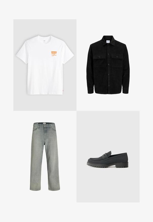 Black corduroy button-up jacket with two front flap pockets and a classic collar, long sleeves, and ribbed texture.; White cotton t-shirt with short sleeves and a crew neck. Features orange Levi's California logo on the left chest area.; Light gray, loose-fitting jeans made of denim. Features a classic five-pocket design, belt loops, and a straight leg silhouette.; Black loafer shoe with a smooth, matte finish, featuring a rounded toe and a thick, textured sole. Accented with a front strap.