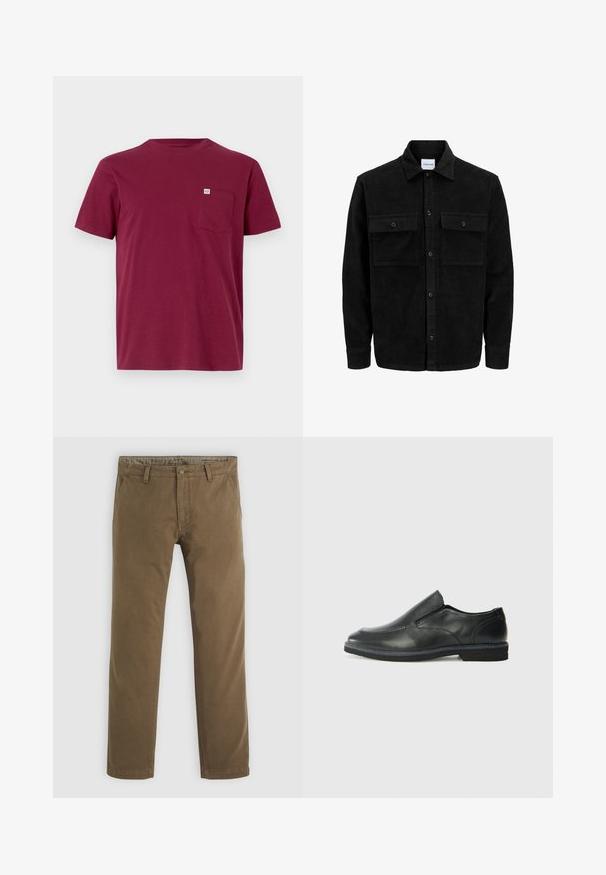 Mustmustöös nupuga jope, millel on kaks eesmist klapiga taskut ja klassikaline kaelus, pikad varrukad ning ribakujuline tekstuur.; Burgundia puuvillane t-särk, millel on ümar kaelus, lühikesed varrukad ja vasakpoolne rinna tasku. Taskul on väike brändisilt.; Khaki puuvillased püksid sirge säärega disainiga, millel on nupuga sulgemine, kaks esi-taskut ja sile tekstuur.; Must musta laia suuga king, millel on sile ülemine osa, õmmeldud detailid, ümmargune nina ja madal kummist konts. Tallal on minimaalne mustr.