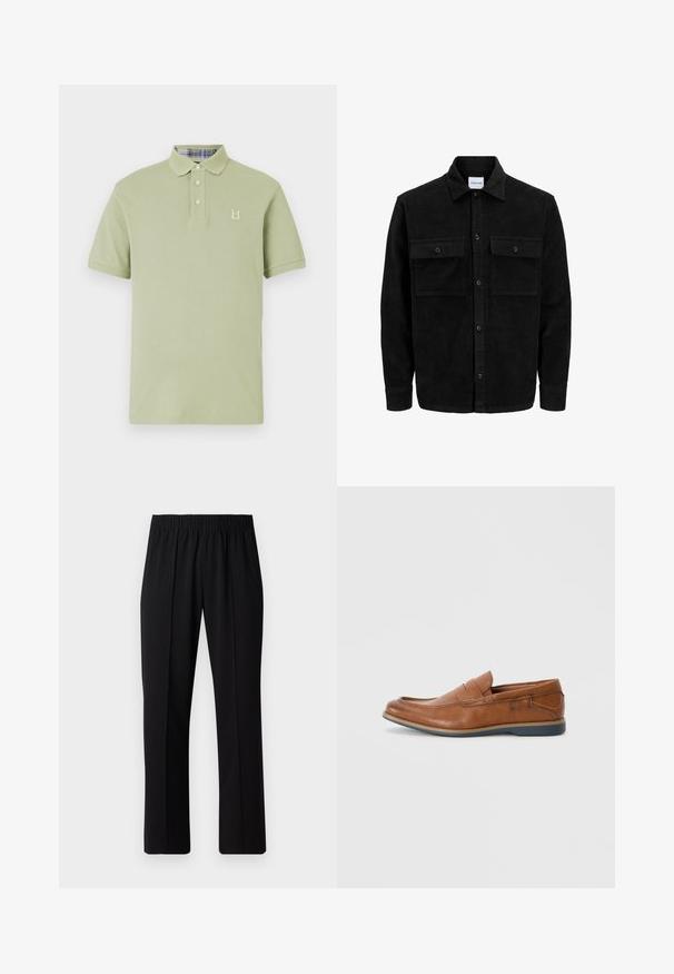 Čierna kordúrová bunda s gombíkmi, dvoma prednými vreckami so záklopkou a klasickým golierom, dlhými rukávmi a ryhovanou textúrou.; Svetlozelená polo košeľa s golierom, tromi gombíkmi a malým vyšitým logom; vnútorný golier má károvaný vzor.; Čierne nohavice s elastickým pásom a rovnými nohavicami, majú hladkú textúru a žiadne viditeľné vzory ani kovové doplnky.; Hnedé kožené poltopánky s okrúhlou špičkou, prešité akcenty a nízkou gumovou podrážkou. Dizajn obsahuje pásku cez hornú časť.