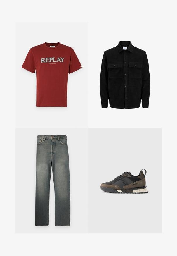 Svart kordfløyels knappjakke med to frontlommer med klaff og klassisk krage, lange ermer og ribbet tekstur.; Rød bomullstrøye med korte ermer, med et hvitt tekstlogo "REPLAY" i en slitt stil og "NINETEEN EIGHTYONE" under.; Jack & Jones JJIALEX JJCOOPER - Baggy jeans - black denim; Replay FIELD JUPITER CRAFT - Joggesko - black/dark grey