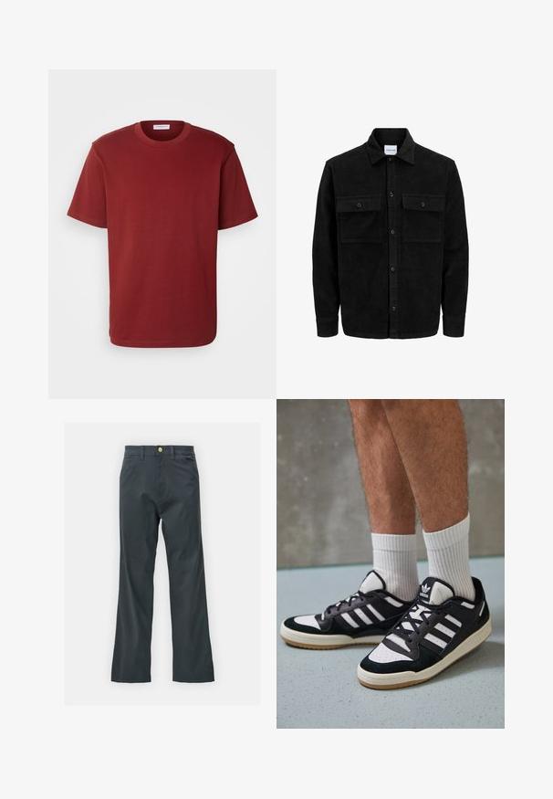 Melnas kordūru pogu jaka ar divām priekšējām atloka kabatām un klasisku apkakli, garām piedurknēm un ribotu tekstūru.; Lindbergh O NECK - Pamata T-krekls - dark red; Melnas bikses ar taisnu kāju griezumu, izgatavotas no kokvilnas maisījuma auduma. Tām ir metāla pogas aizdare un sānu kabatas. Nav redzamu rakstu.; Melnas un baltas kedas ar zamša un ādas augšdaļu, kas aprīkotas ar trim baltām svītrām, perforētu purngali un gumijas zolēm.