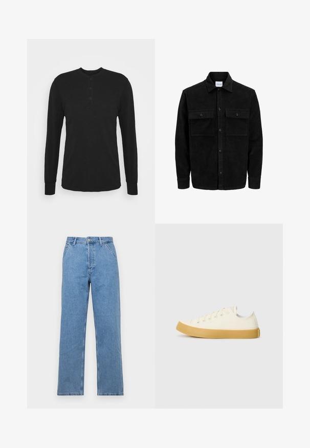 Schwarze Corduroy-Button-Up-Jacke mit zwei frontalem Klappentaschen und klassischem Kragen, langen Ärmeln und gerippter Textur.; Schwarzes Langarmshirt mit rundem Halsausschnitt, Knopfleiste mit drei Knöpfen und taillierten Bündchen. Hergestellt aus weichem Stoff mit glatter Textur.; Helle blaue Denim-Jeans mit geradem Bein und klassischem Fünf-Taschen-Design, ausgestattet mit einem vorderen Knopfverschluss und Gürtelschlaufen. Glatte Textur.; Leinensneaker in Off-White mit runder Zehenpartie, ausgestattet mit beigen Gummisohlen und fünf Ösen für Schnürsenkel, mit strukturiertem Finish auf dem Obermaterial.