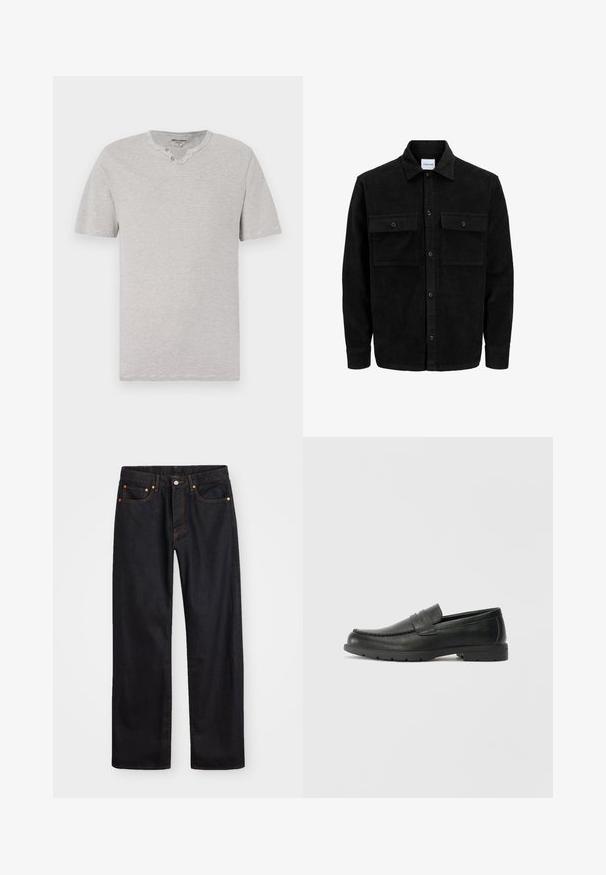 Schwarze Corduroy-Button-Up-Jacke mit zwei frontalem Klappentaschen und klassischem Kragen, langen Ärmeln und gerippter Textur.; Kurzärmeliges T-Shirt in Grau- und Weißstreifen mit rundem Kragen und zwei Knopfdetails am Ausschnitt. Weicher Stoff mit lässiger Passform.; Herren gerade geschnittene schwarze Jeans aus Denim mit fünf Taschen und orangefarbenen Nähten, Knopf- und Reißverschluss vorne am Bund.; Schwarze Lederloafers mit glatter Oberfläche, Mokassin-oberteil, genähten Details und Gummisohle. Klassisches Design mit niedrigem Absatz.