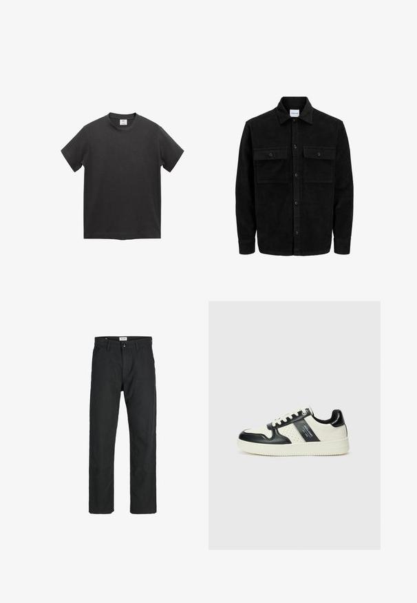 Schwarze Corduroy-Button-Up-Jacke mit zwei frontalem Klappentaschen und klassischem Kragen, langen Ärmeln und gerippter Textur.; Schwarzes Baumwoll-T-Shirt mit kurzen Ärmeln, runder Crew-Neck, geradem Saum und einer weichen, glatten Textur. Keine sichtbaren Muster oder Akzente.; Schwarze Hosen aus strapazierfähigem Stoff, mit geradem Bein, genähten Akzenten und zwei vorderen Taschen für Funktionalität.; Leder-Sneaker in Schwarz- und Cremetönen, mit perforierten Akzenten, einem gepolsterten Kragen und einer strukturierten Laufsohle.
