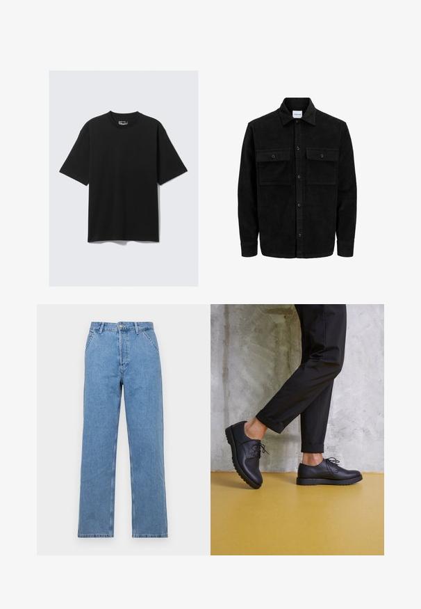 Jachetă din catifea neagră, cu butoni, două buzunare frontale cu clapetă și un guler clasic, mâneci lungi și textură ribbed.; Tricou scurt negru cu mâneci scurte, din bumbac, cu guler rotund, având o croială lejeră și un design minimal. Fără modele sau accente.; Jeans din denim albastru deschis cu croială dreaptă, având un design clasic cu cinci buzunare, închidere frontală cu nasture și bucle pentru brâu. Textură netedă.; Pantofi din piele neagră, cu șireturi, cu vârf rotund, suprafață texturată și talpă groasă din cauciuc. Purtați cu pantaloni negri răsuciți, pe un fundal de beton.