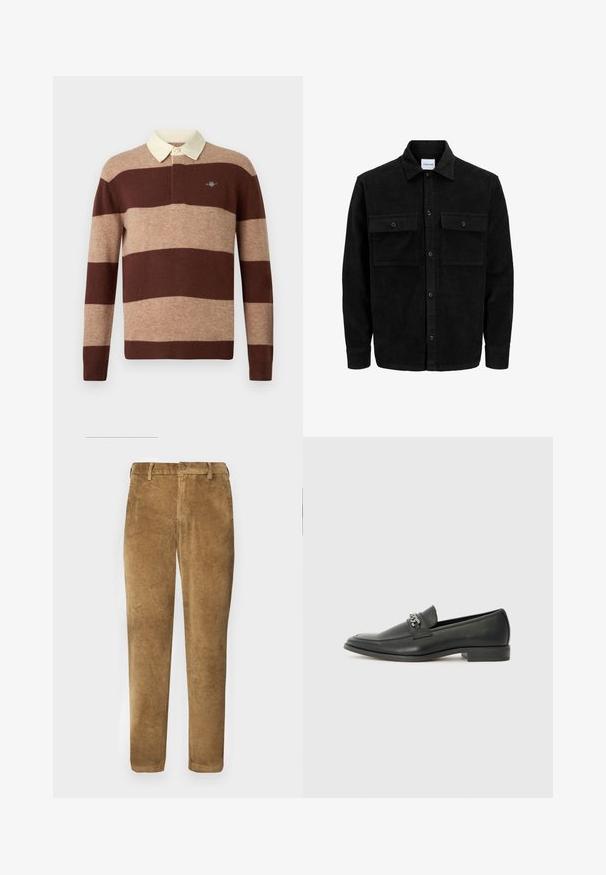 Čierna kordúrová bunda s gombíkmi, dvoma prednými vreckami so záklopkou a klasickým golierom, dlhými rukávmi a ryhovanou textúrou.; Dlhý rukáv rugby tričko so širokými horizontálnymi hnedými a béžovými pruhmi a krémovým golierom, ktorý obsahuje malé vyšívané logo na hrudi.; Hnedé kordové nohavice s vertikálnou ryhovanou textúrou, rovného strihu, s gombíkovým zapínaním a pútkami na opasok. Hladká tkanina s jemným povrchom.; Čierne kožené loafers s hladkým povrchom, s prešitým dizajnom a dekoratívnym kovovým reťazovým akcentom cez priehlavok. Plochý podpätok.