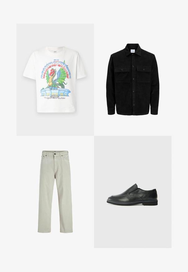 Mustat corduroy-nappi takki, jossa on kaksi etupistotaskua ja klassinen kaulus, pitkät hihat ja ribattu pinta.; Valkoinen puuvillainen T-paita, jossa on värikäs graafinen printti lohikäärmeestä ja stadionista, ja "The Rolling Stones" -teksti rohkealla, tyylitellyllä fontilla.; Vaaleanbeige farkut, joissa on suora lahje, viisikotelo-staili ja napitus vyötäröllä, joissa on vähäiset ompelu-yksityiskohdat.; Musta nahkainen liukujalkine, jossa on sileä pinta, ommeltuja yksityiskohtia, pyöristetty kärki ja matala kumipohja. Pohjassa on minimaalinen pito.