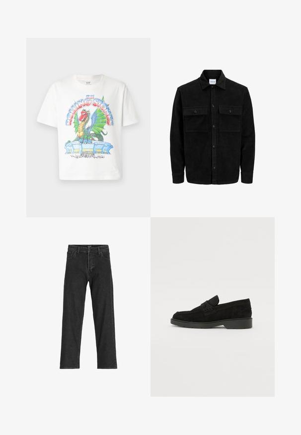 Sort fløjl button-up jakke med to frontlommer og klassisk krave, lange ærmer og ribbet tekstur.; Hvid bomulds T-shirt med et farverigt grafisk tryk af en drage og et stadium, med teksten "The Rolling Stones" i fed, stiliseret skrift.; Sorte denim jeans med lige ben-design, som har lynlås, bæltestropper og seks lommer, lavet af et robust bomuldsblandingsstof.; Sorte ruskinds loafers med en lav hæl, der har et enkelt bånd over det øverste og teksturerede detaljer langs siderne.