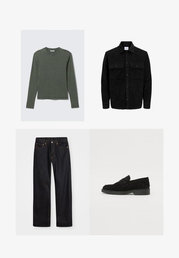 Črna kordurojska jakna z gumbi, z dvema sprednjima žepoma z zavihkom in klasičnim ovratnikom, dolgimi rokavi ter rebrasto teksturo.; Dolga majica z dolgimi rokavi v temno zeleni barvi, s krojnim izrezom in ravnim robom. Narejena iz mehkega materiala, z minimalnimi šivi in brez vidnih vzorcev.; Moške črne kavbojke ravnega kroja z petimi žepi in oranžnim šivanjem, z gumbom in zadrgo na sprednjem pasu.; Črne zakončene loafer čevlje z nizko peto, ki imajo preprost pas čez zgornji del in teksturno obdelavo ob straneh.