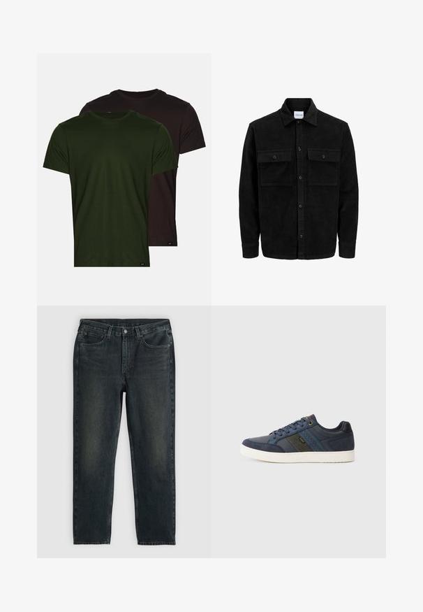 Juodas velveto mygtukų švarkas su dviem priekiniais kišenėmis su atvartais, klasikiniu apykakle, ilgomis rankovėmis ir raukšlėtu paviršiumi.; Du sudėtinių marškinėlių: vienas alyvuogių žalios, kitas juodas, abu su trumpomis rankovėmis, apvaliu kaklu ir lygia medvilnės tekstūra, su mažais prekės ženklo ženklais.; Tamsiai mėlynos džinsinės kelnės su tiesiu kirpimu, turinčios penkias kišenes, užtrauktuką ir kontrastingas siūles. Audinys šiek tiek nublukęs.; Tamsiai mėlyni žemauko sneakeriai su balta pado detalėmis, raištelių užsegimu, zomšos ir odos elementais bei šonine juostele su "Lee" logotipu.