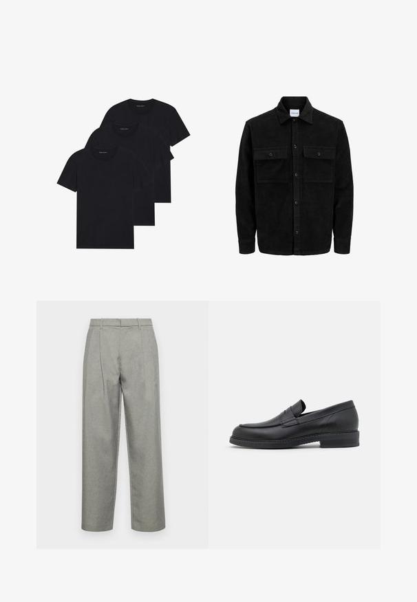 Juodas velveto mygtukų švarkas su dviem priekiniais kišenėmis su atvartais, klasikiniu apykakle, ilgomis rankovėmis ir raukšlėtu paviršiumi.; Trys juodi medvilniniai marškiniai su apvalia iškirpte, trumpomis rankovėmis ir paprastu dizainu. Kiekvienas marškinys turi matomą logotipą šalia iškirptės.; Pilkos pritaikytos kelnės, pagamintos iš tekstūruoto audinio, su tiesiais keliamos dizainu, priekinėmis klostėmis ir standartiniu juosmeniu su diržo kilpomis.; Juodos odinės loaferiai su apvalia nosimi, siuvinėjimais ir žemu, storu kulnu. Pasižymi lygia tekstūra ir minimalistiniu dizainu.