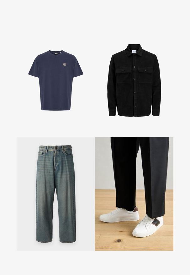 Black corduroy button-up jacket with two front flap pockets and a classic collar, long sleeves, and ribbed texture.; Navy blue cotton t-shirt, short sleeves, crew neckline, features small sun emblem in gold on the left chest area. Classic straight cut.; Light blue denim jeans with a loose fit, mid-rise waist, and straight legs. Features five pockets, belt loops, and a button closure.; White sneakers with smooth texture, featuring brown leather accents and black detailing, paired with black tailored pants. Wooden floor background.