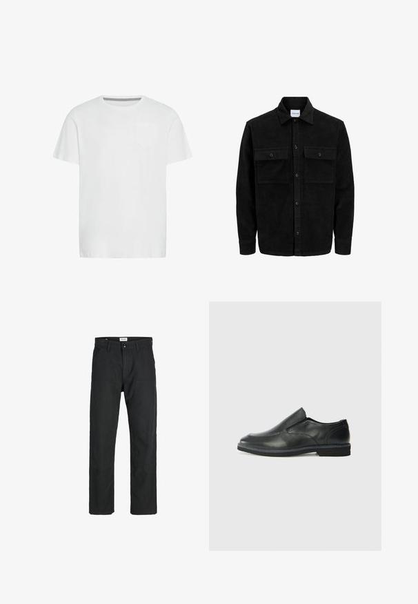 Sort fløjl button-up jakke med to frontlommer og klassisk krave, lange ærmer og ribbet tekstur.; Hvid bomulds t-shirt med rund hals, korte ærmer og en enkelt brystlomme. Har et subtilt hørmønster på den indre halsudskæring.; Sorte bukser lavet af holdbart stof, med en lige pasform, syede detaljer og to forlommer for funktionalitet.; Sorte læder slip-on sko med en glat overdel, syede detaljer, rund tå og en lav gummihæl. Sålen har minimal profil.