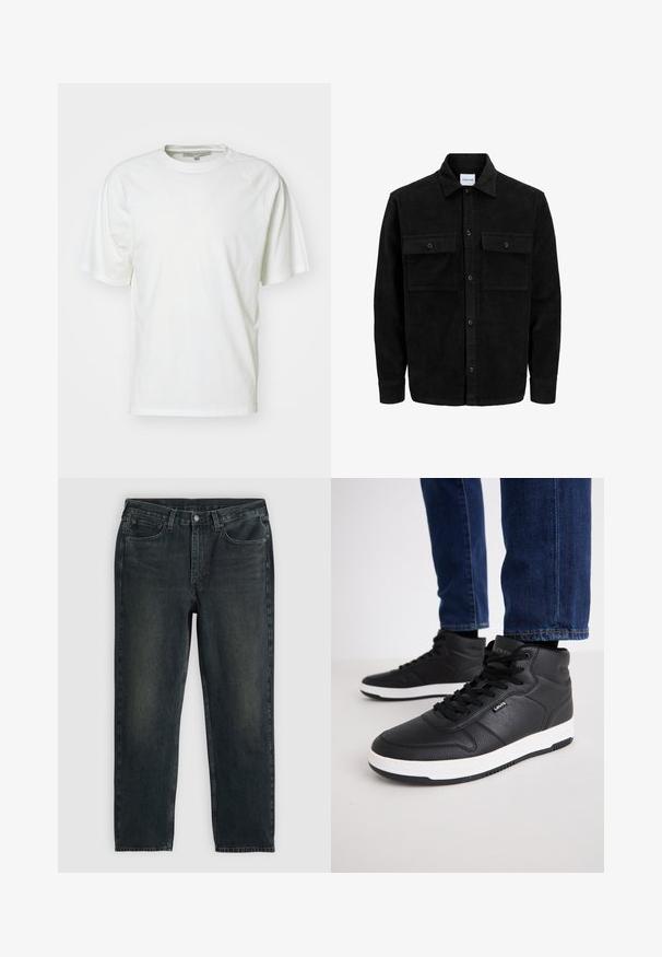 Mustat corduroy-nappi takki, jossa on kaksi etupistotaskua ja klassinen kaulus, pitkät hihat ja ribattu pinta.; Valkoinen t-paita, joka on valmistettu pehmeästä puuvillasta; siinä on pyöreä kaula-aukko, lyhyet raglan-hihat ja rento malli; minimaalinen muotoilu ilman kuvioita tai koristeita.; Tummansinisiä farkkuja suoran lahkeen leikkauksella, viidellä taskulla, vetoketjukiinnityksellä ja kontrastivärisillä ompeleilla. Kankaan pinnassa on hieno haalistuminen.; Mustat korkeat dressarit, jotka on valmistettu teksturoidusta nahasta. Niissä on mustat nauhat, valkoinen kumipohja ja pieni logo sivussa.