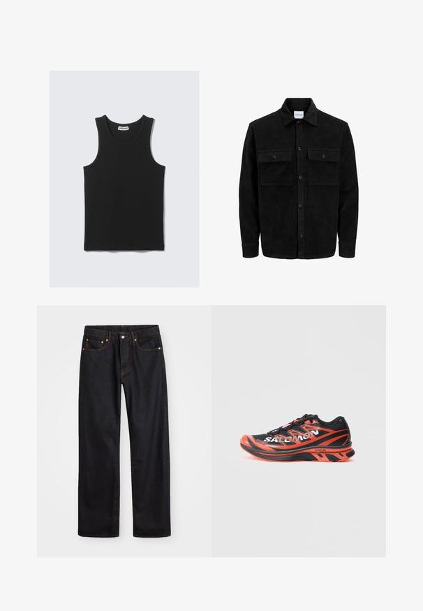 Mustat corduroy-nappi takki, jossa on kaksi etupistotaskua ja klassinen kaulus, pitkät hihat ja ribattu pinta.; Mustat puuvillapaitatopit, joissa on ribbaustekstuuri, pyöreä kaula-aukko ja leveät hihansuut. Hälytys näkyvissä kaulan kohdalla.; Miestne čierne rovné džínsy so štyrmi vreckami a oranžovým šitím, zapínanie na gombík a zips na prednom pásku.; Musta ja punainen juoksukenkä, jossa on verkkomateriaali ylempänä, pehmustettu pohja ja rohkea brändäys. Ominaisuuksiin kuuluu virtaviivainen muotoilu ja teksturoituja yksityiskohtia.