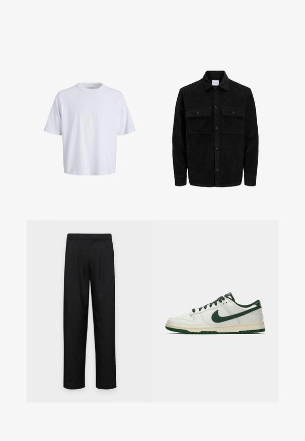 Giacca in corduroy nera con bottoni, due tasche anteriori con patta, colletto classico, maniche lunghe e texture a coste.; T-shirt bianca in cotone con collo rotondo, maniche corte e vestibilità comoda. Texture liscia e design minimalista senza motivi o accenti visibili.; Pantaloni neri realizzati in tessuto liscio, caratterizzati da un taglio dritto, due pieghe frontali e una vita standard con passanti per la cintura.; Sneaker bianco a bassa cima con swoosh Nike verde scuro, lacci e dettagli della suola, mostrato di profilo su uno sfondo bianco uniforme.