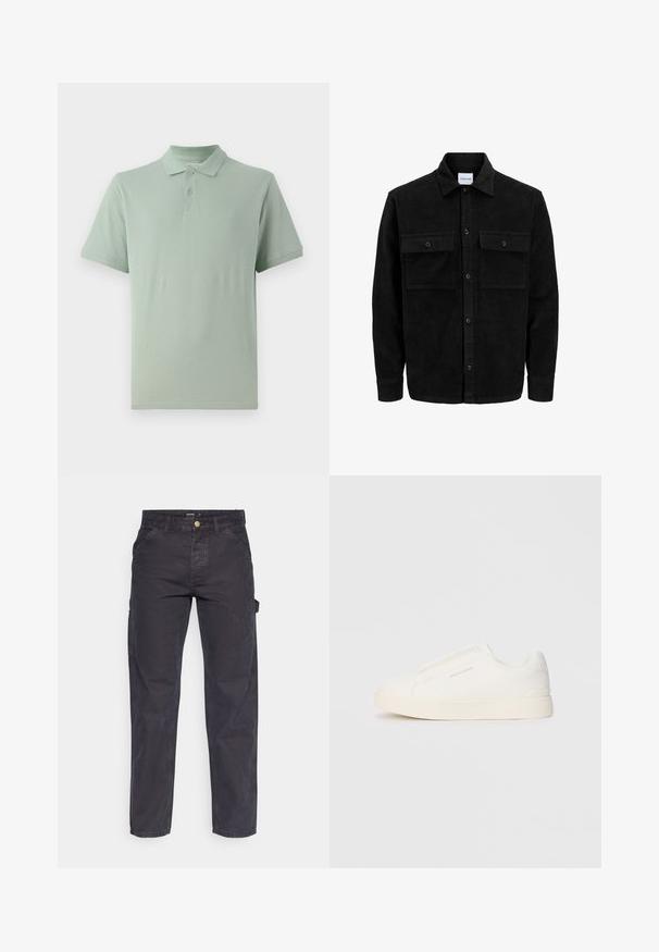 Jachetă din catifea neagră, cu butoni, două buzunare frontale cu clapetă și un guler clasic, mâneci lungi și textură ribbed.; Polo verde deschis din bumbac, cu guler clasic, închidere cu două butoane și mâneci scurte, având un detaliu subtil cu logo.; Pantaloni cargo gri închis, confecționați dintr-un material durabil, cu croială dreaptă, cinci buzunare și închidere cu nasture la talie.; Tenisi albi slip-on cu o suprafață texturată, talpă groasă și un design minimalist. Prezintă logo-ul brandului pe lateral.