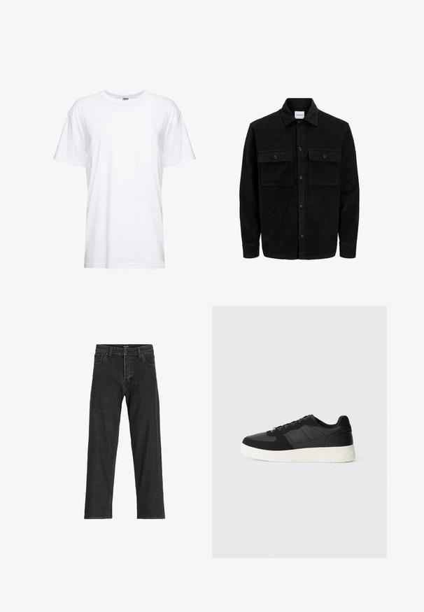 Čierna kordúrová bunda s gombíkmi, dvoma prednými vreckami so záklopkou a klasickým golierom, dlhými rukávmi a ryhovanou textúrou.; Biela bavlnená tričko s okrúhlym výstrihom a krátkymi rukávmi. Materiál je hladký, s uvoľneným strihom a bez viditeľných grafík alebo vzorov.; Čierne džínsy s rovnými nohavicami, s púzdrom na zips, pútkami na opasok a šiestimi vreckami, vyrobené z pevnej zmesovej bavlny.; Čierne nízke tenisky s textúrovanou kožou a semišovými panelmi, biela gumová podrážka a čierne šnúrky na jednoduchom svetlom pozadí.
