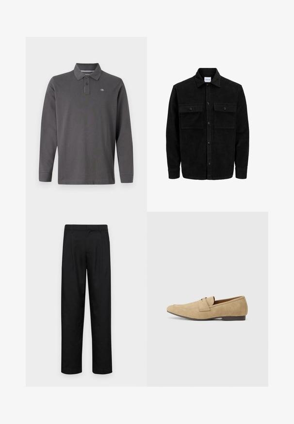 Crni kožni kord jakna na dugmad s dva prednja džepa s preklopom i klasičnim ovratnikom, dugim rukavima i rebrastom teksturom.; Polo majica s dugim rukavima u tamnosivoj boji od pamuka, s ovratnikom, tri gumba i malim logotipom na lijevoj strani prsiju.; Crne hlače od glatkog materijala, s dizajnom ravnih nogavica, dva prednja nabora i standardnim pojasom s petljama za remen.; Bež zamšaste loafers s blagim sjajem, s zaobljenim vrhom, slip-on dizajnom i niskim smešnim potplatom smeđe boje. Suptilna detaljna šavova.