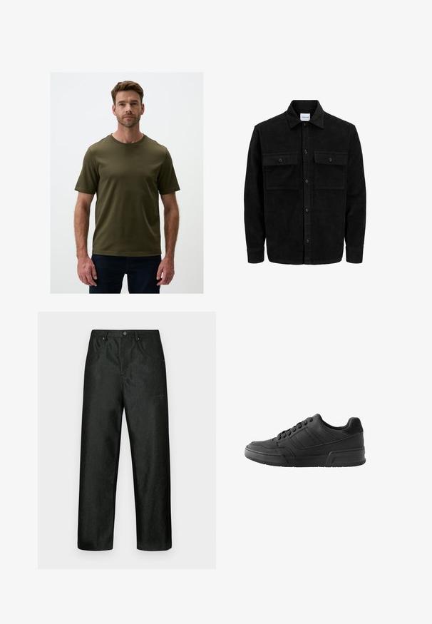 Zwarte corduroy knopenjack met twee voorste klepzakken en een klassieke kraag, lange mouwen en ribbelstructuur.; Donkergroen t-shirt met korte mouwen en een ronde hals, gemaakt van een gladde stof; beschikt over minimale naden en een relaxte fit.; Zwarte broek met een lichte glans, voorzien van een recht pijp ontwerp, twee zakken aan de voorkant en een subtiel logo aan de bovenkant links.; Zwarte sneakers met een glad leren bovenwerk, contrasterende suède accenten, gestructureerde vorm en een getextureerde rubberen zool.