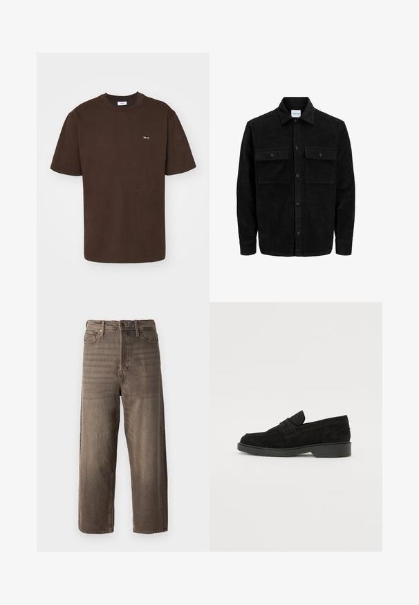 Černá kordurová košile s knoflíky, dvěma předními klopovými kapsami a klasickým límcem, dlouhými rukávy a vroubkovanou texturou.; NN.07 ADAM EMB - Jednoduché tričko - brown; Hnědé široké džíny vyrobené z denimu. Mají zip, poutka na opasek a pět kapes. Látka má vybledlý, texturovaný vzhled.; Černé semišové mokasíny s nízkým podpatkem, s jednoduchým páskem přes horní část a texturovanými detaily po stranách.