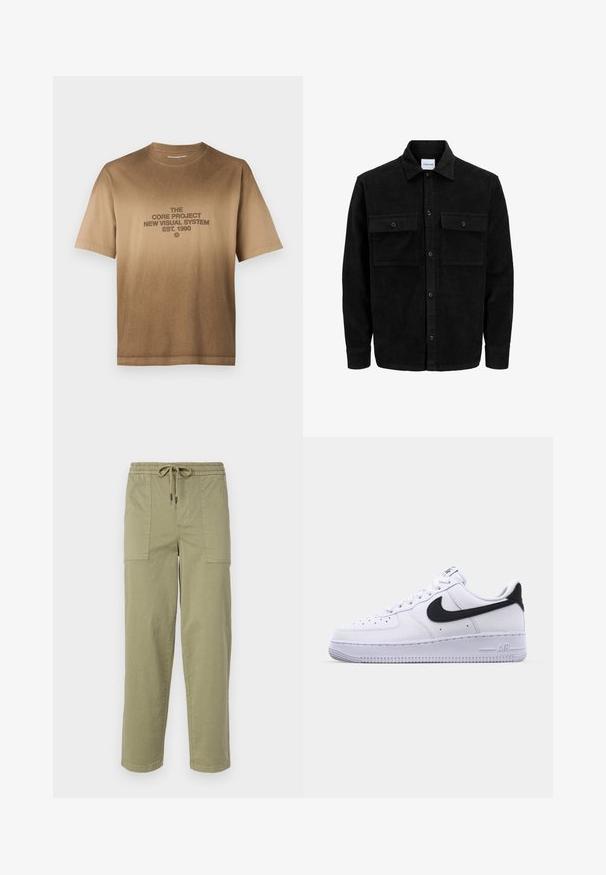 Schwarze Corduroy-Button-Up-Jacke mit zwei frontalem Klappentaschen und klassischem Kragen, langen Ärmeln und gerippter Textur.; Braunes Baumwoll-T-Shirt mit kurzen Ärmeln, das ein zentriertes Grafikdesign in dunkelbraunem Text zeigt. Klassischer Rundhalsausschnitt, gerader Saum.; Helle olivgrüne Hose aus Baumwollmischgewebe, mit einem elastischen Bund und Kordelzug sowie zwei großen Seitentaschen.; Weißes Leder-Sneaker mit einem strukturierten schwarzen Swoosh, flachen Schnürsenkeln und einer Gummisohle mit genoppetem Muster. "AIR" ist auf der Ferse eingeprägt.