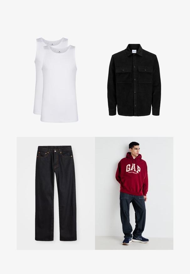 Mustmustöös nupuga jope, millel on kaks eesmist klapiga taskut ja klassikaline kaelus, pikad varrukad ning ribakujuline tekstuur.; Valged puuvillased topsid, ilma varrukateta disain, ümar kaelus, ühtlane tekstuur, pehme ja kerge kangas. Näidatud on kaks tükki.; Meeste sirge jala mustad denim teksad viie taskuga, oranž õmblus, nupu ja tõmblukuga ees nagu vöökoht.; Burgundi kapuutsärk, millel on kreemivärvi trükised "GAP" ja "TIMES SQUARE", koos tumesiniste triibuliste pükstega ja tumesiniste tossudega valgete detailidega.