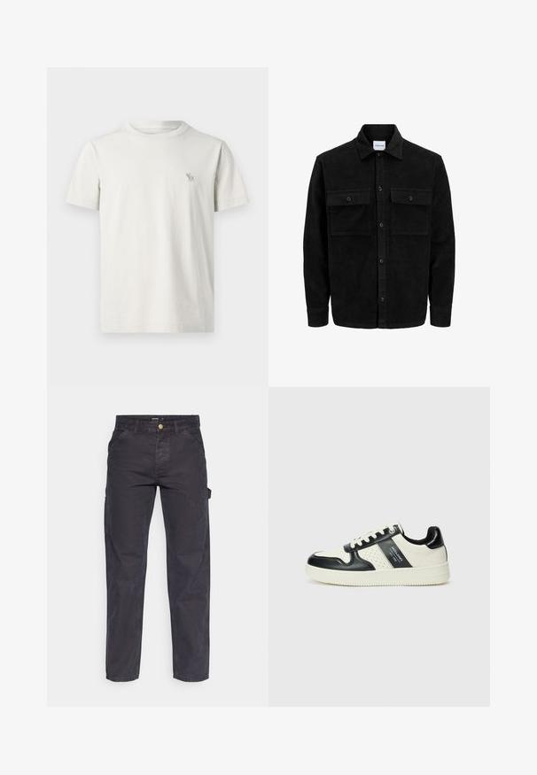Čierna kordúrová bunda s gombíkmi, dvoma prednými vreckami so záklopkou a klasickým golierom, dlhými rukávmi a ryhovanou textúrou.; Tričko s krátkym rukávom v svetlo béžovej bavne, s malým výšivkovým logom jeleňa na ľavej hrudi. Kolo krk s bežným strihom.; Tmavošedé cargo nohavice vyrobené z odolného materiálu, s rovnými nohavicami, piatimi vreckami a gombíkovým zapínaním v páse.; Kožené tenisky v čierno-krémovej farbe, s perforovanými akcentmi, polstrovaným golierom a štruktúrovanou podrážkou.