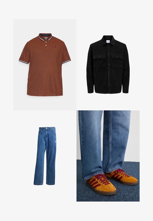 Mustmustöös nupuga jope, millel on kaks eesmist klapiga taskut ja klassikaline kaelus, pikad varrukad ning ribakujuline tekstuur.; Pruun polo särk, mis on valmistatud tekstuurilisest kangast, tumesinise kraega valge äärega, kolme nupuga ja väikese logoga rinnal.; Sinine kõrge vöökohaga avar jakkidega teksapükse, millel on ees taskud, vöökoharingid, nupuga sulgemine ja väike Adidas'i logo paremal reiel.; Kollase nubukist tennisereid maroon riba ja paeladega. Ühendatud laia sinise teksapükstega, mis puhkavad tumedast sinisest tekstuuriga pinnast.