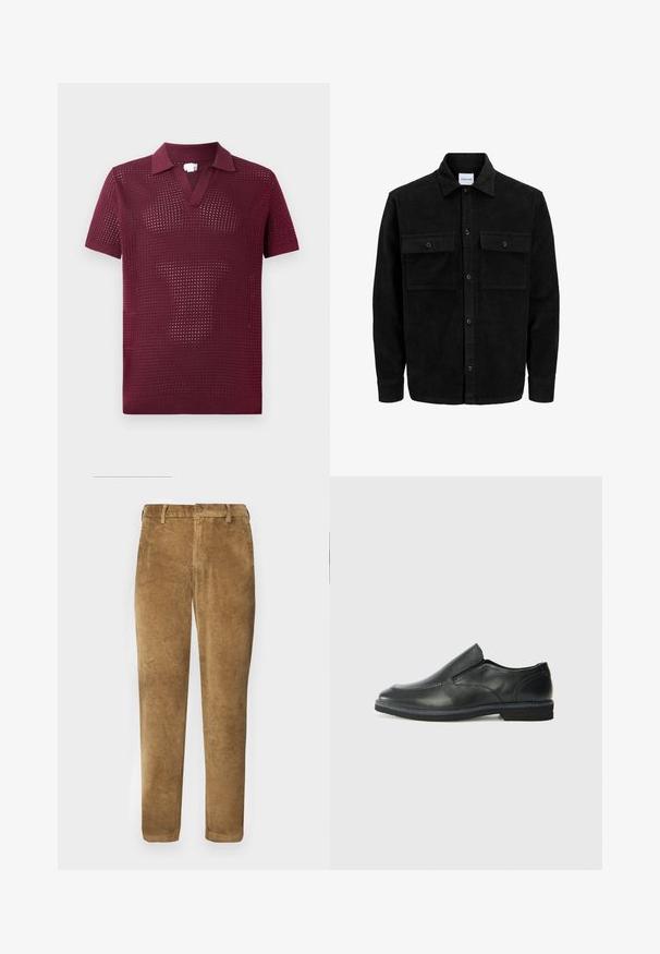 Sort fløjl button-up jakke med to frontlommer og klassisk krave, lange ærmer og ribbet tekstur.; Bordeaux kortærmet polo-shirt med tekstureret åben væv, har V-hals og en struktureret krave, lavet af let strikket materiale.; Brune corduroy bukser med lodret ribbet tekstur, lige snit, knaplukning og bæltestropper. Glat stof med en blød finish.; Sorte læder slip-on sko med en glat overdel, syede detaljer, rund tå og en lav gummihæl. Sålen har minimal profil.