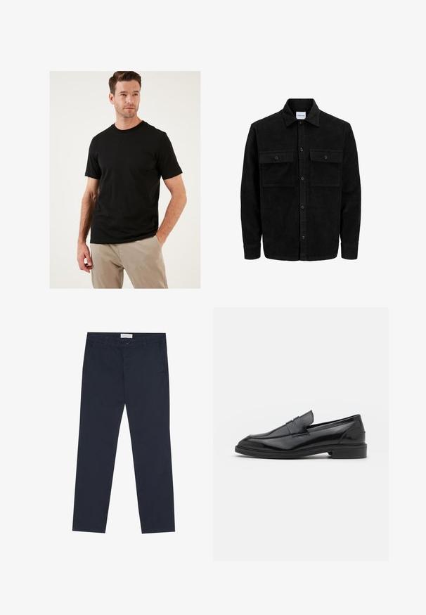 Melnas kordūru pogu jaka ar divām priekšējām atloka kabatām un klasisku apkakli, garām piedurknēm un ribotu tekstūru.; Melnā īsām piedurknēm t-kreklā no kokvilnas auduma ar klasisku apaļu kakla izgriezumu. Gluda tekstūra un pieguļošs dizains, valkāts ar gaišas krāsas biksēm.; Navy zila kokvilnas bikses ar gludu tekstūru, ar rāvējslēdzēju, jostas cilpām un sānu kabatām funkcionālitātei.; Melnas ādas loafers ar gludu virsmu, ar noapaļotu purngalu un šauru joslu pāri augšdaļai. Zems kaudzes papēdis.