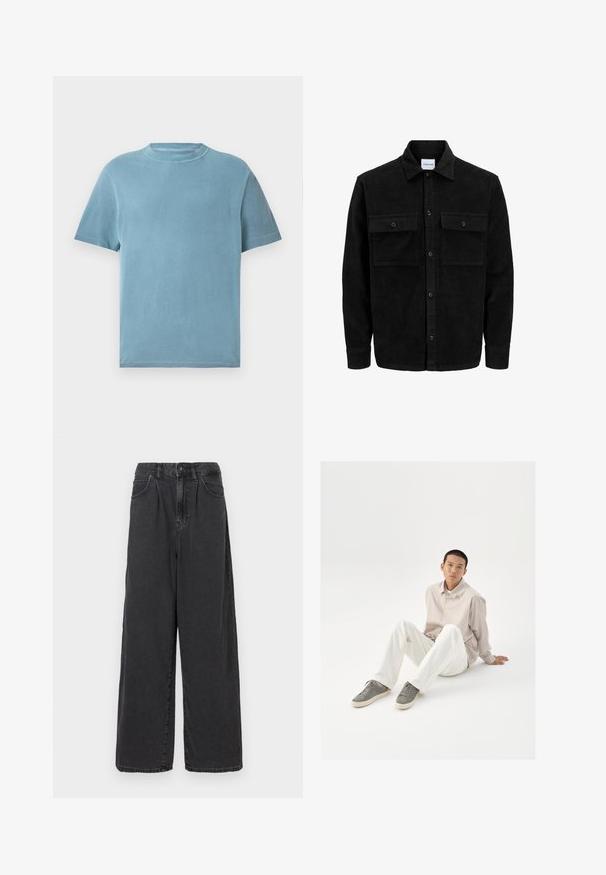 Chaqueta de pana negra con botones, dos bolsillos delanteros con solapa y un cuello clásico, mangas largas y textura acanalada.; Camiseta de algodón de manga corta y cuello redondo en color azul claro. La tela parece suave, con una textura lisa y un mínimo detalle de costura.; Pantalones de denim negros de tiro alto y pierna ancha, con cierre de botón y cremallera en el frente, que cuentan con bolsillos laterales y una textura suave.; Camisa de botón beige, pantalones blancos y zapatillas grises. La camisa tiene un corte holgado y las zapatillas presentan una superficie texturizada y un diseño con cordones.
