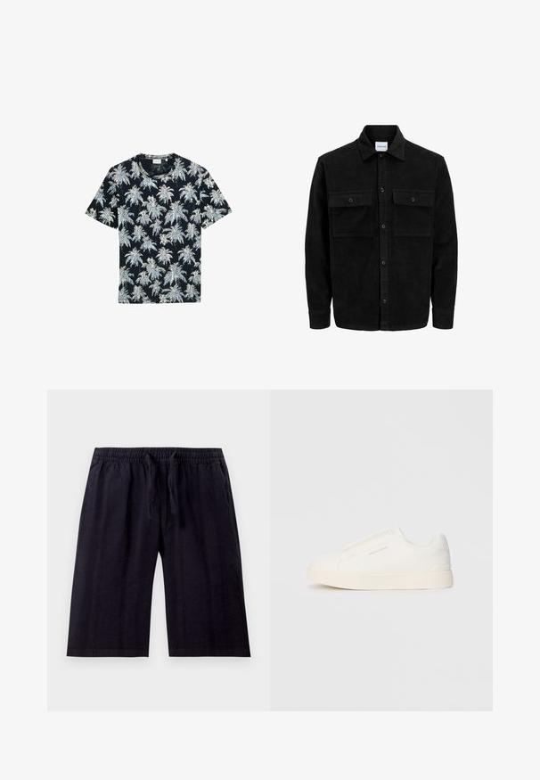 Sort fløjl button-up jakke med to frontlommer og klassisk krave, lange ærmer og ribbet tekstur.; Kortærmet navy T-shirt med et hvidt og lyseblåt palmetræsmønster. Fremstillet af blødt stof med rund hals og afslappet pasform.; Sorte, knælange shorts lavet af letvægtsstof. Har et elastisk taljebånd med snøre og en glat tekstur. Enkel design.; Hvide slip-on sneakers med en struktureret overflade, en tyk sål og et minimalistisk design. Har brandlogoet på siden.