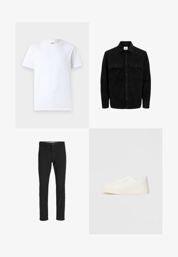 Svart kordfløyels knappjakke med to frontlommer med klaff og klassisk krage, lange ermer og ribbet tekstur.; Hvit bomulls T-skjorte med rund hals og korte ermer. Enkelt design uten mønstre eller grafikk, med GAP-merke på kragen.; Svart bomullsblandingsbukser med smal passform, med knappelukking, lommer og rullede mansjetter for en avslappet finish.; Hvite slip-on joggesko med teksturert overflate, tykk såle og minimalistisk design. Har merkevarelogo på siden.