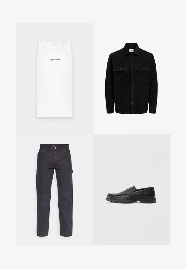 Čierna kordúrová bunda s gombíkmi, dvoma prednými vreckami so záklopkou a klasickým golierom, dlhými rukávmi a ryhovanou textúrou.; Biela tielko vyrobené z bavlny, s okrúhlym výstrihom a priliehavým strihom. Na prednej strane sa nachádza čierne kurzívne logo.; Tmavošedé cargo nohavice vyrobené z odolného materiálu, s rovnými nohavicami, piatimi vreckami a gombíkovým zapínaním v páse.; Čierne kožené mokasíny s hladkým povrchom, vrchnou časťou v štýle mokasín, prešitým detailom a gumovou podrážkou. Klasický dizajn s nízkym podpätkom.