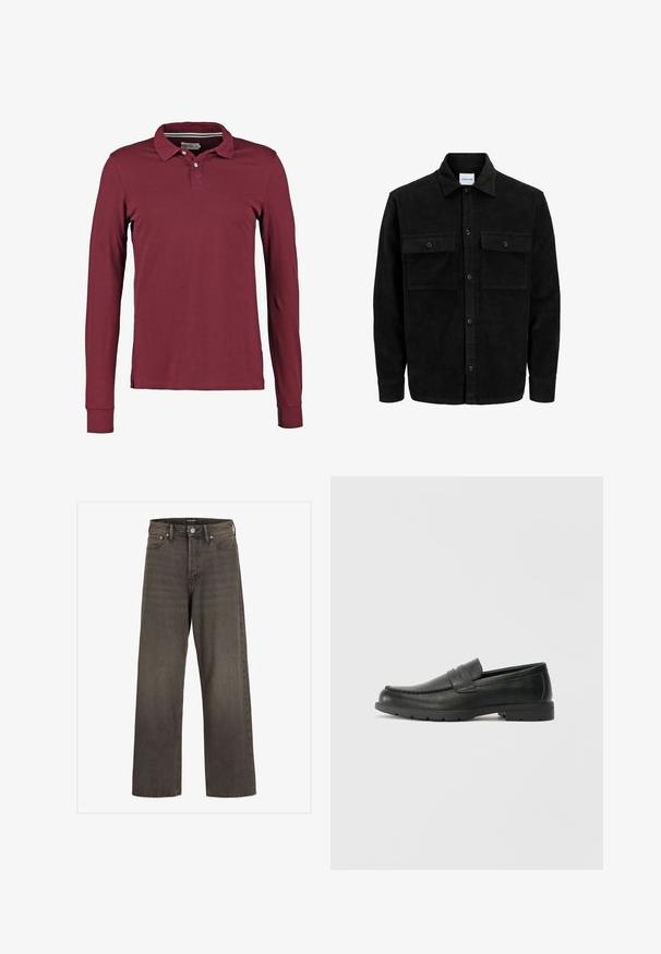 Črna kordurojska jakna z gumbi, z dvema sprednjima žepoma z zavihkom in klasičnim ovratnikom, dolgimi rokavi ter rebrasto teksturo.; Polo majica z dolgimi rokavi v burgundski barvi, ki ima klasičen ovratnik, zapenjanje na dva gumbka in stranske razpoke za lažje gibanje. Gladek bombažni material.; Široke hlače iz temno sive denim tkanine, s wysokim pasom, klasičnim pet-pocket dizajnom in kontrastnim šivom ob šivih.; Črne usnjene loafer čevlje z gladko površino, zgornjim delom v slogu mokasin, šivanimi detajli in gumijastim podplatom. Klasična zasnova z nizko peto.